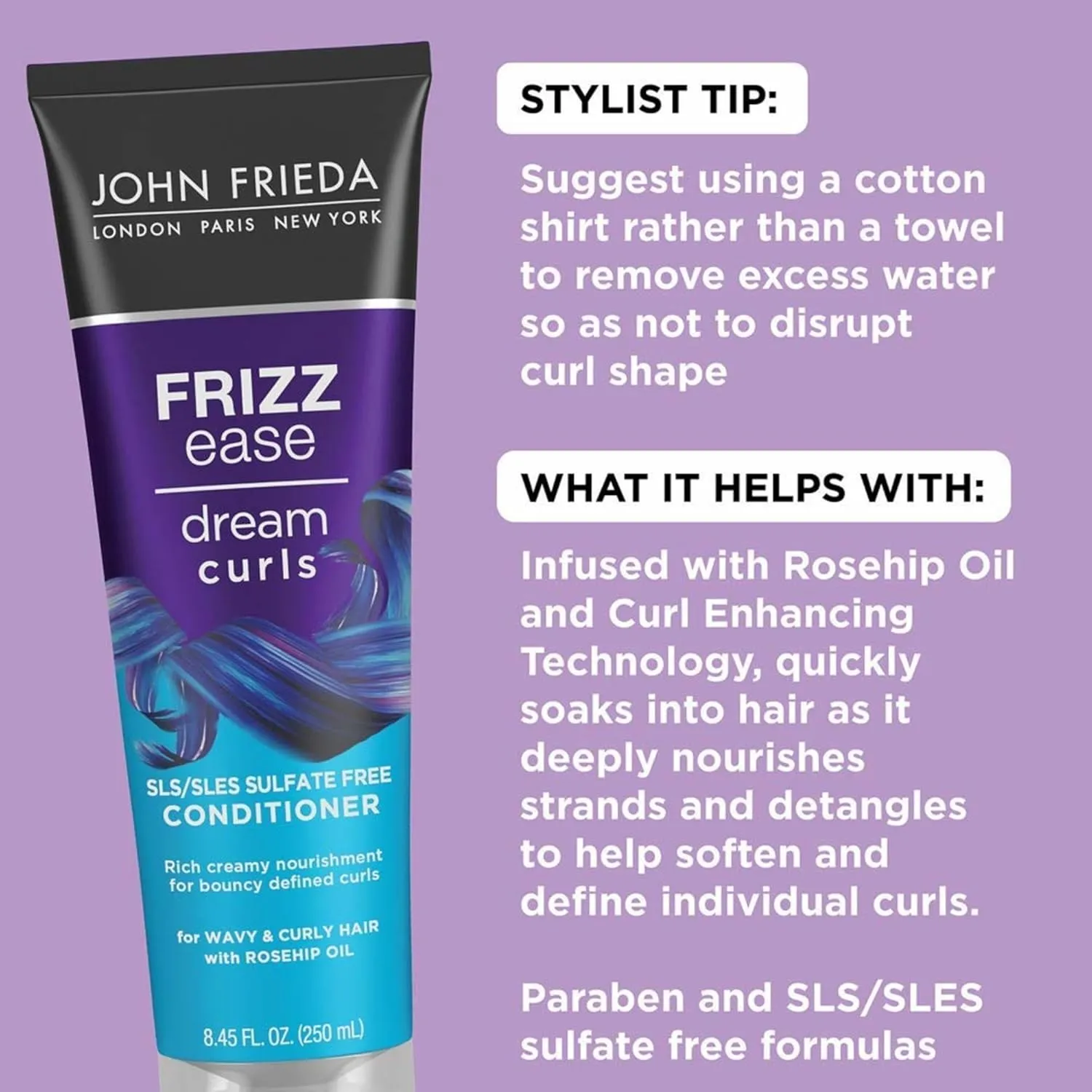 John Frieda Anti Frizz, Frizz Ease Dream Curls Curly Hair Conditioner, SLS/SLES Sulfate-Free, for Natural Curly Hair, 8.45 Fl Oz, 2 Pack