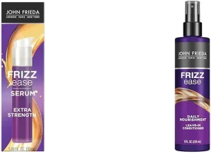 John Frieda Anti-Frizz Hair Care, Frizz Ease Extra Strength Hair Serum and Daily Nourishment Leave-in Conditioner, 1.69 fl oz and 8 fl oz