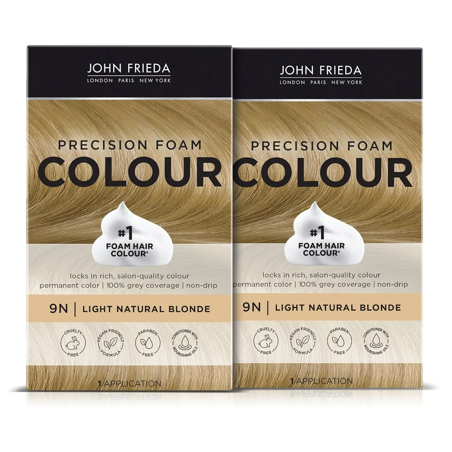 John Frieda Precision Foam Colour, Light Natural Blonde 9N, Full-coverage Hair Color Kit, Anti-Fade Gray Coverage, Deep Color Saturation Hair Dye, Pack of 2