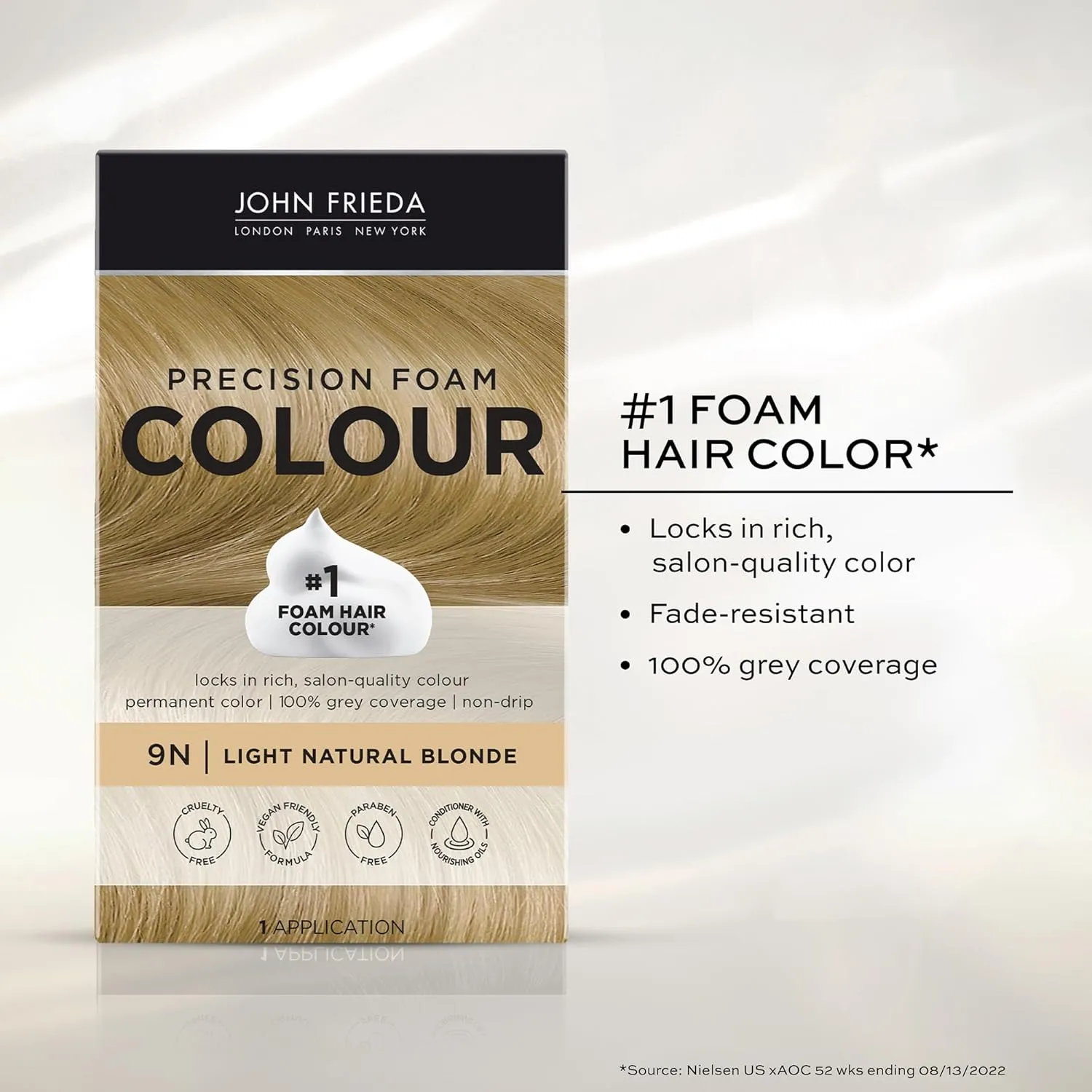 John Frieda Precision Foam Colour, Light Natural Blonde 9N, Full-coverage Hair Color Kit, Anti-Fade Gray Coverage, Deep Color Saturation Hair Dye, Pack of 2