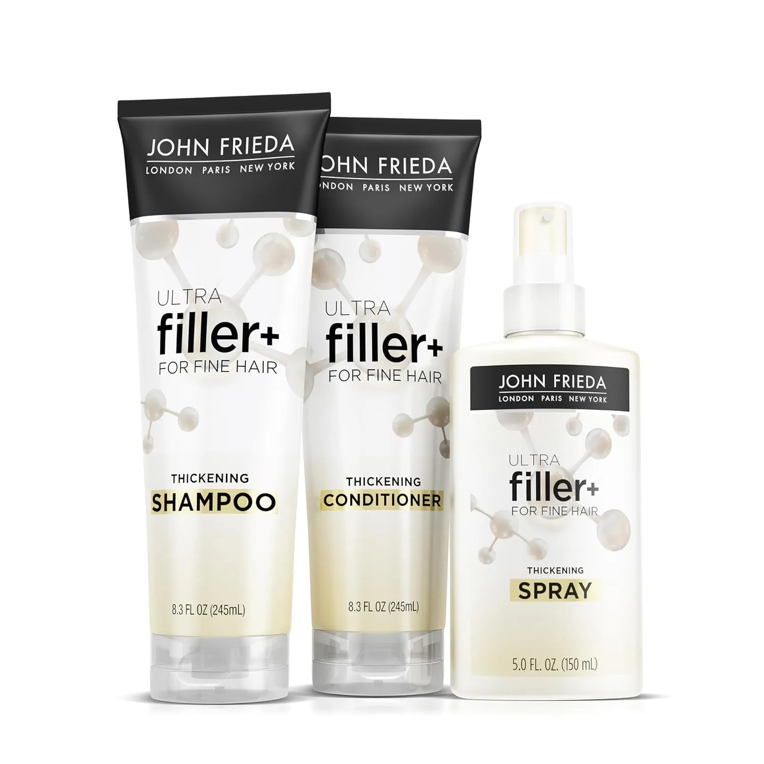 John Frieda ULTRAfiller  3 Pack Bundle Set For Damaged or Thin Hair Includes ULTRAfiller  Thickening Shampoo 8.3oz, Conditioner 8.3oz, and Thickening Spray 5oz.