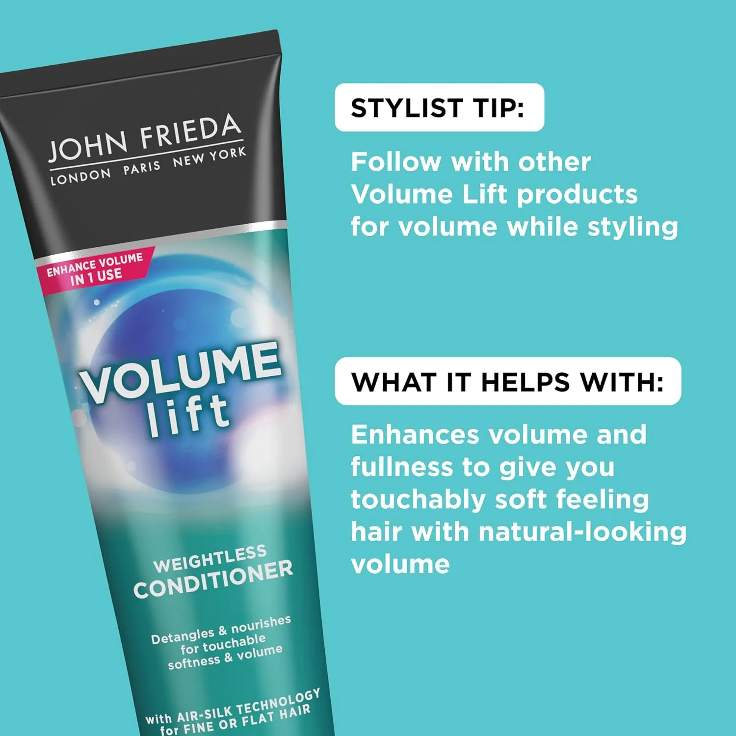 John Frieda Volume Lift Weightless Conditioner, Volumizing Conditioner with Air-Silk Technology for Fine or Flat Hair, Adds Natural Fullness, Safe for Color-Treated Hair, 8.45 Oz, Pack of 2