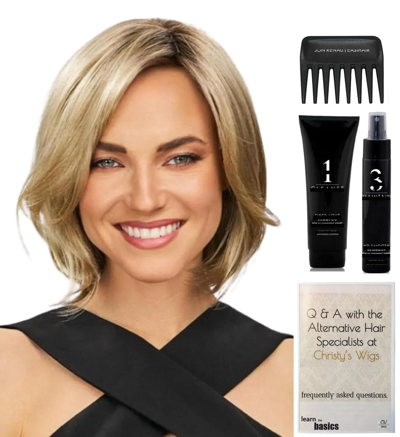 Jon Renau & Christy's Wigs Bundle - 5 Items: Kyla Wig Q & A Booklet, 2oz Travel Size Wig Shampoo, HD Smooth and Wide Tooth Comb - Color: 12FS12