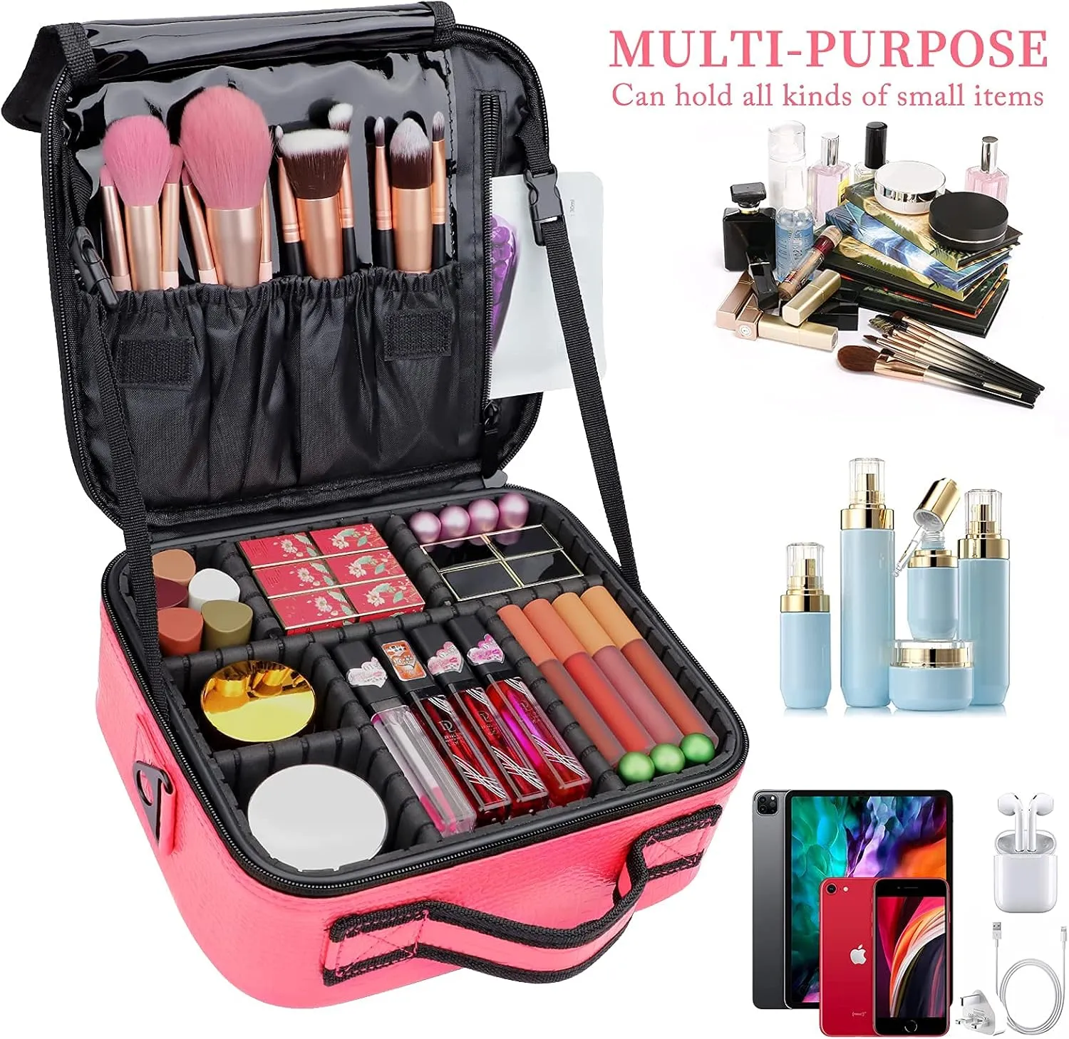 JOURMON Travel Makeup Bag Portable Cosmetic Case Organizer Portable Artist Storage Bag with Adjustable Dividers for Cosmetics Makeup Brushes Toiletry Jewelry Digital Accessories(Hot Rose,S)