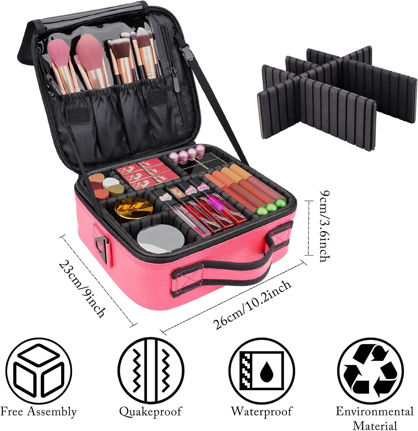 JOURMON Travel Makeup Bag Portable Cosmetic Case Organizer Portable Artist Storage Bag with Adjustable Dividers for Cosmetics Makeup Brushes Toiletry Jewelry Digital Accessories(Hot Rose,S)