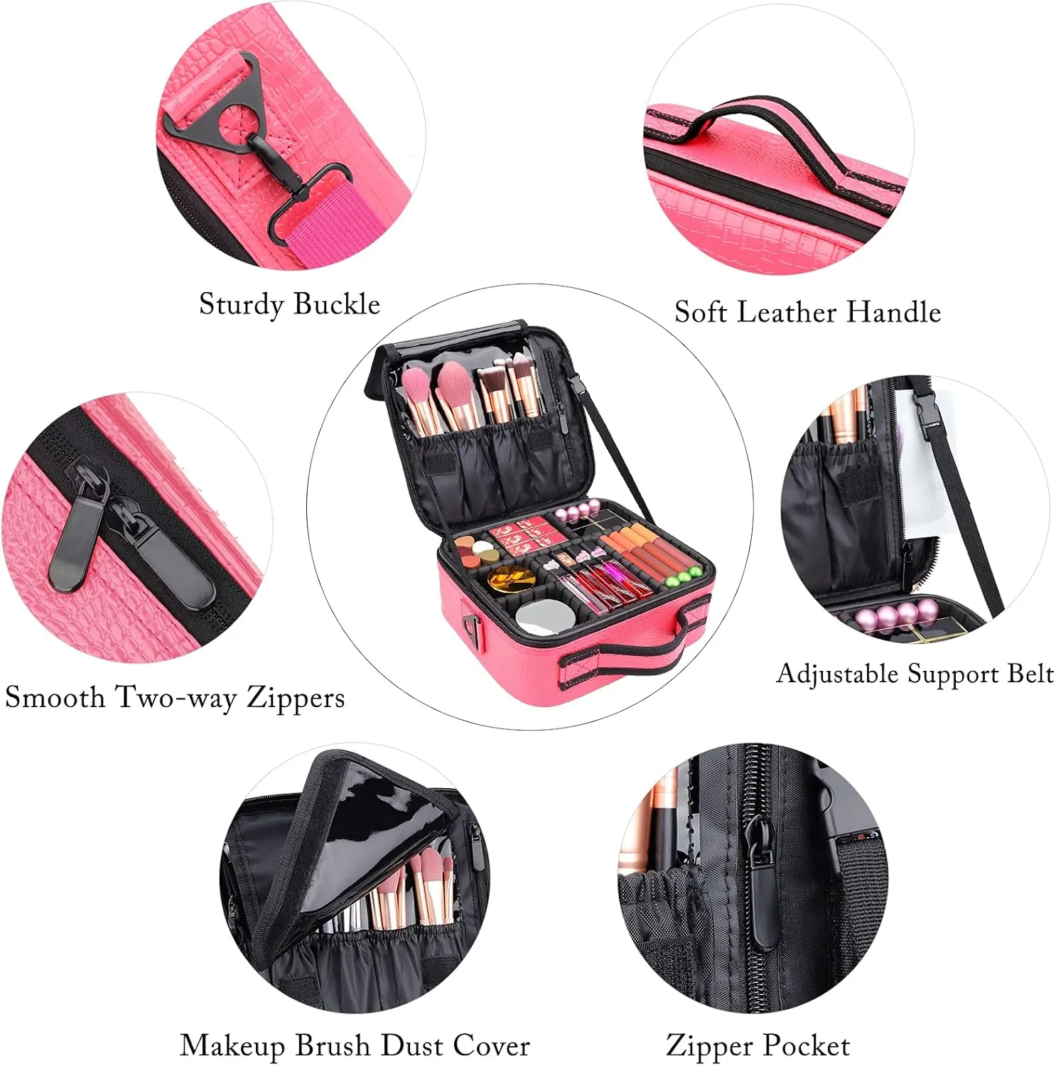 JOURMON Travel Makeup Bag Portable Cosmetic Case Organizer Portable Artist Storage Bag with Adjustable Dividers for Cosmetics Makeup Brushes Toiletry Jewelry Digital Accessories(Hot Rose,S)