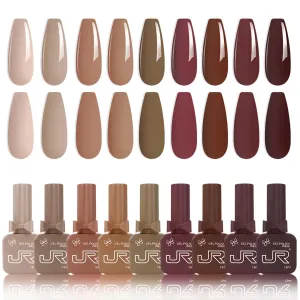 JR 9pcs 15ml Gel Nail Polish Set Brown Earth Red Pink Gel Polish Kit UV Soak Off Polish Nail Art Manicure Salon Home DIY Gift C
