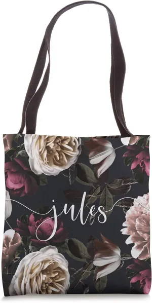 Jules - Elegant Floral Rose & Peony Personalized Name Tote Bag
