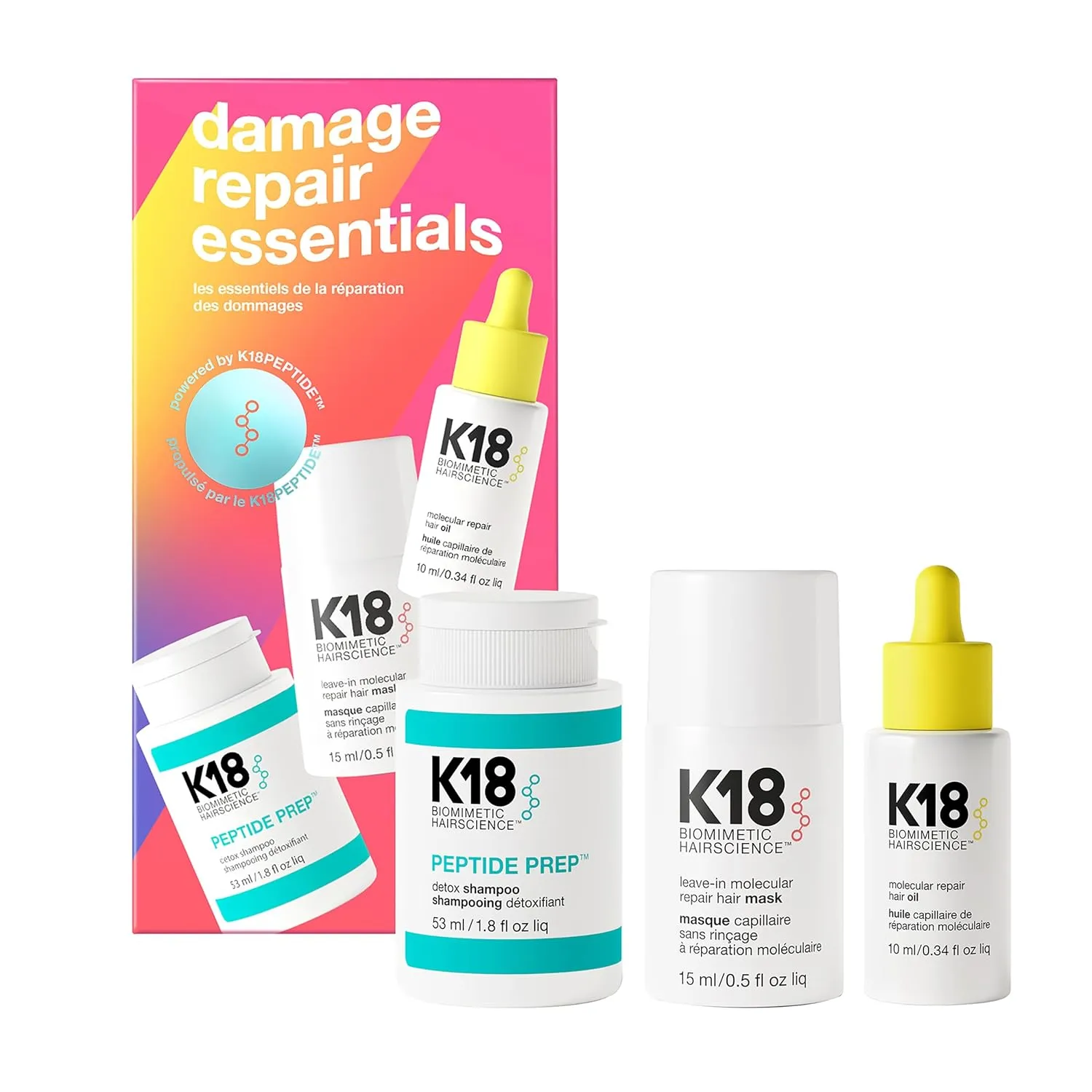 K18 Damage Repair Essentials Kit, Travel-Friendly Trio Featuring Mini Hair Mask, Mini Hair Oil & Mini Detox Shampoo
