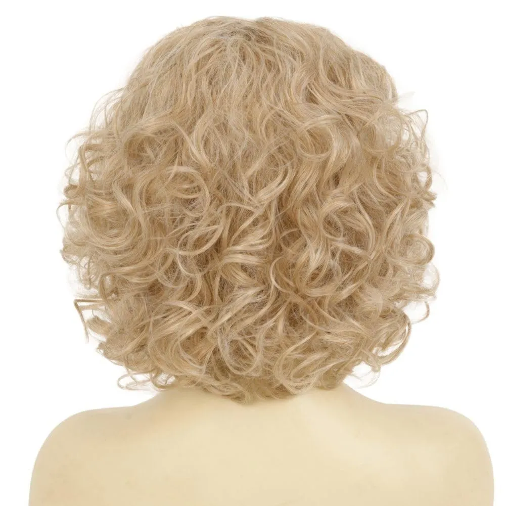 Kaneles Short Blonde Curly Wigs for Women Shoulder Length Naturel Hair Wigs Natural Looking Bob Wig with Bangs Cosplay Daily Party Use(Blonde)