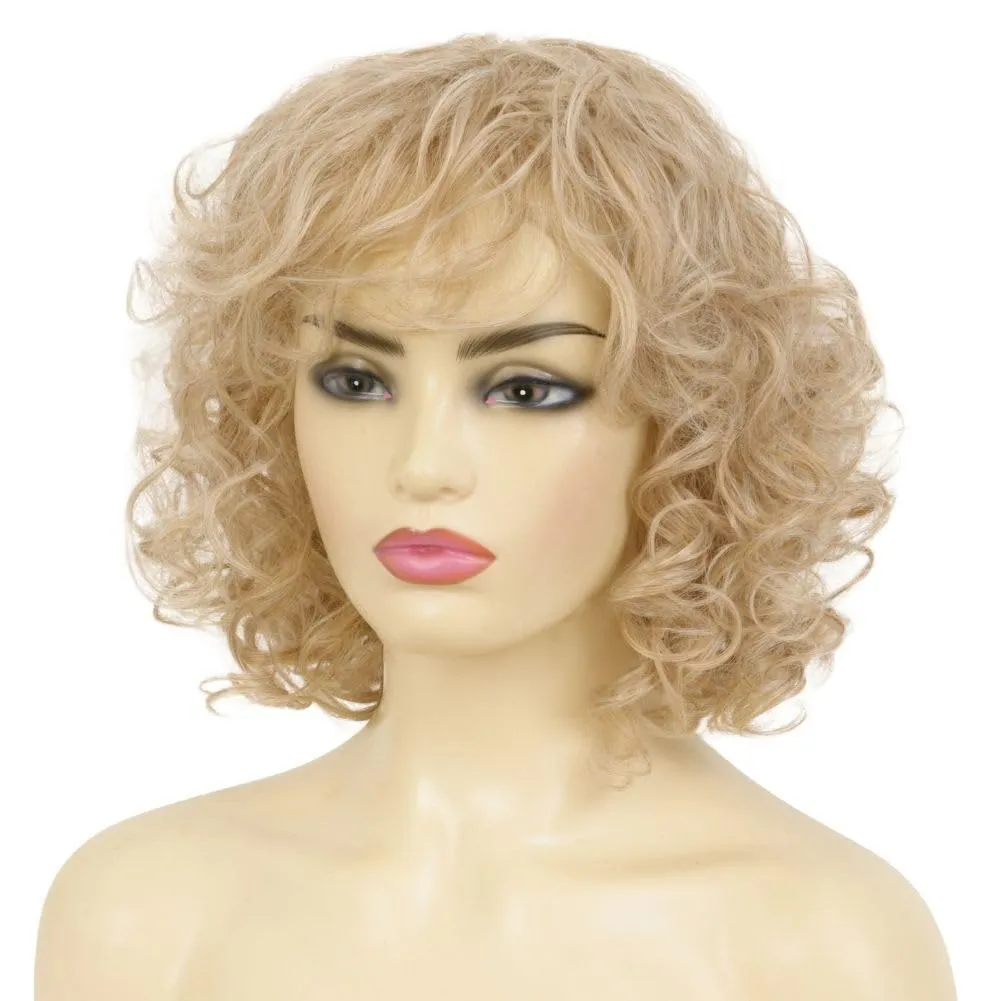 Kaneles Short Blonde Curly Wigs for Women Shoulder Length Naturel Hair Wigs Natural Looking Bob Wig with Bangs Cosplay Daily Party Use(Blonde)