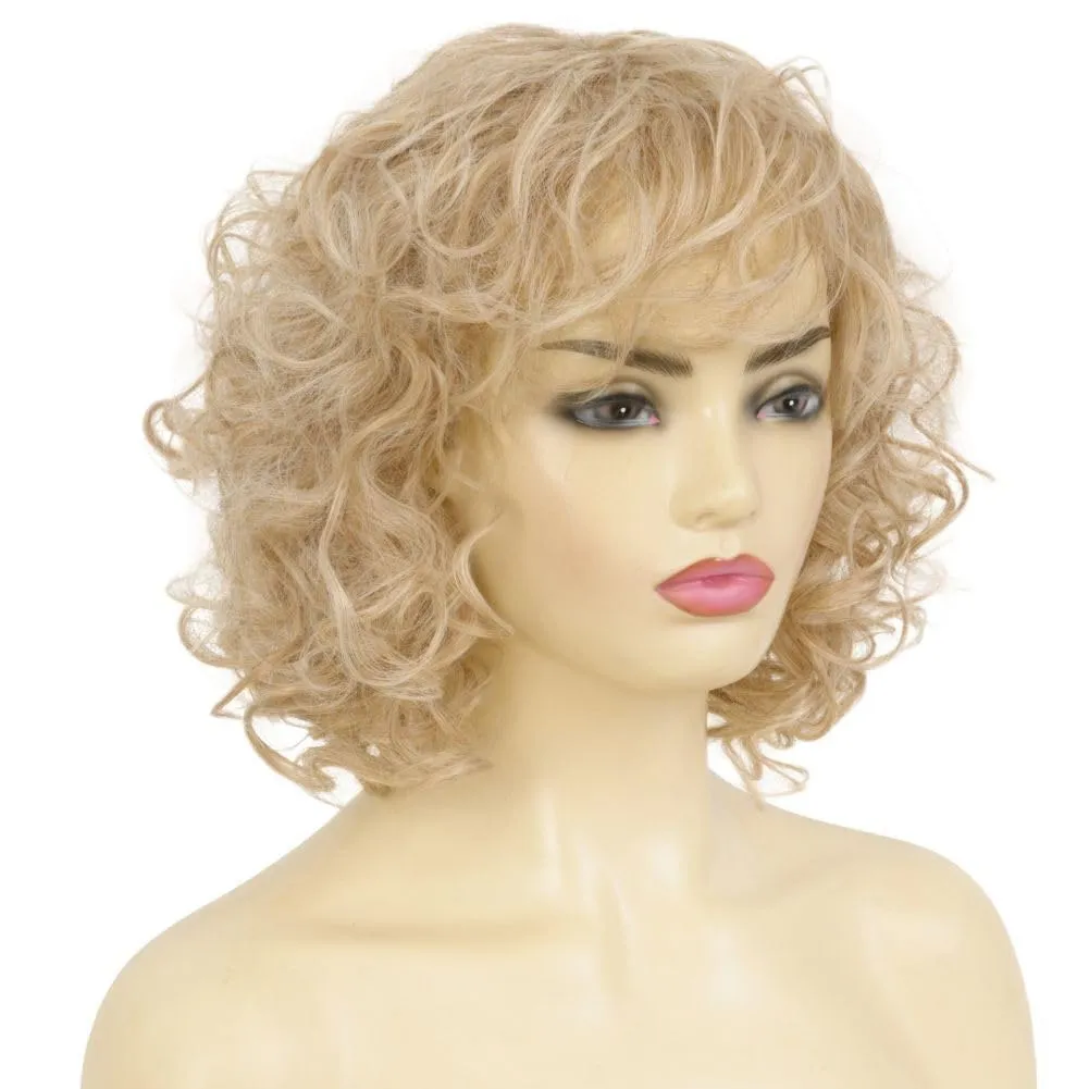 Kaneles Short Blonde Curly Wigs for Women Shoulder Length Naturel Hair Wigs Natural Looking Bob Wig with Bangs Cosplay Daily Party Use(Blonde)