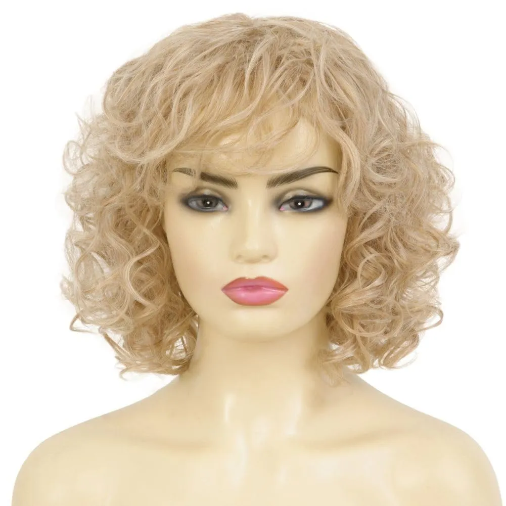 Kaneles Short Blonde Curly Wigs for Women Shoulder Length Naturel Hair Wigs Natural Looking Bob Wig with Bangs Cosplay Daily Party Use(Blonde)