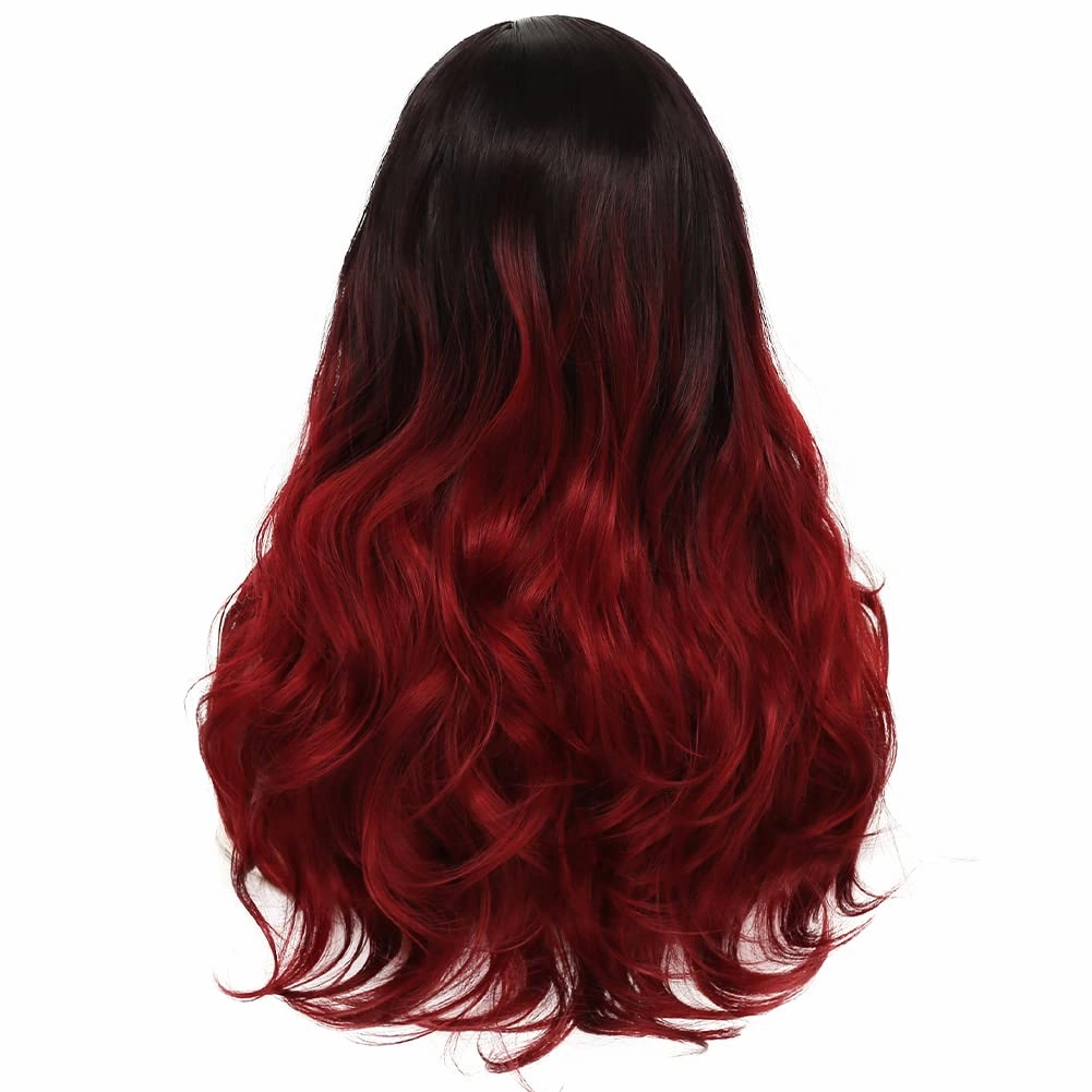 Kaneles Ombre Red Curly Wig Long Wavy Hair Wigs for Women Black Red Synthetic Fiber Hair Cosplay Party Halloween Wigs