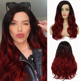 Kaneles Ombre Red Curly Wig Long Wavy Hair Wigs for Women Black Red Synthetic Fiber Hair Cosplay Party Halloween Wigs