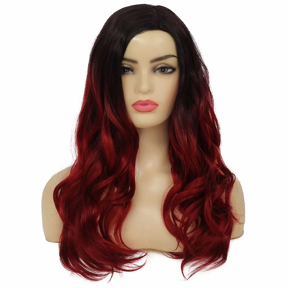 Kaneles Ombre Red Curly Wig Long Wavy Hair Wigs for Women Black Red Synthetic Fiber Hair Cosplay Party Halloween Wigs