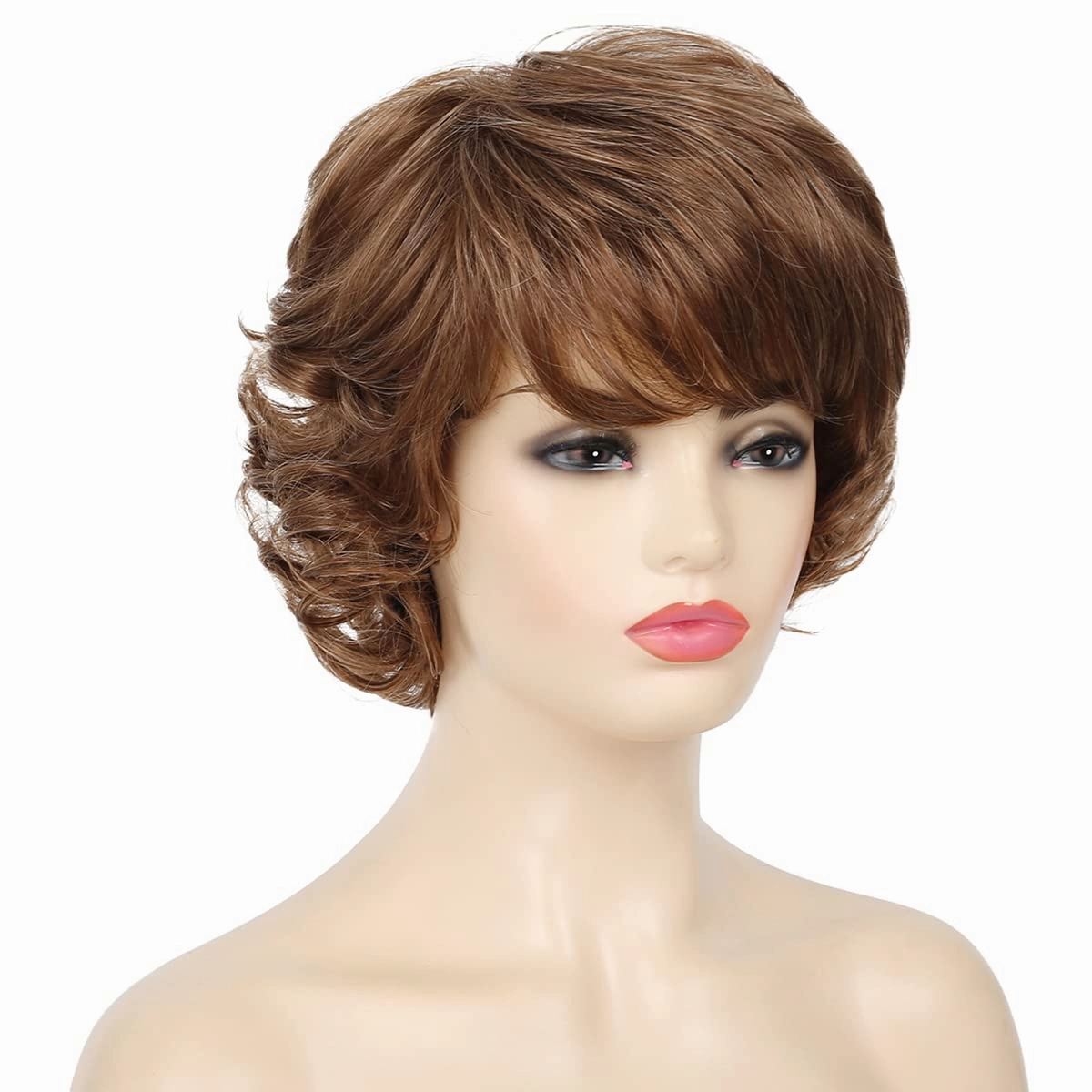 Kaneles Short Brown Curly Hair Wig with Bangs for Women Natural Layered Synthetic Old Ladies Hair Heat Resistant Cosplay Full Wigs（Golden brown）