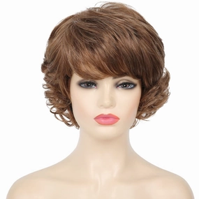 Kaneles Short Brown Curly Hair Wig with Bangs for Women Natural Layered Synthetic Old Ladies Hair Heat Resistant Cosplay Full Wigs（Golden brown）