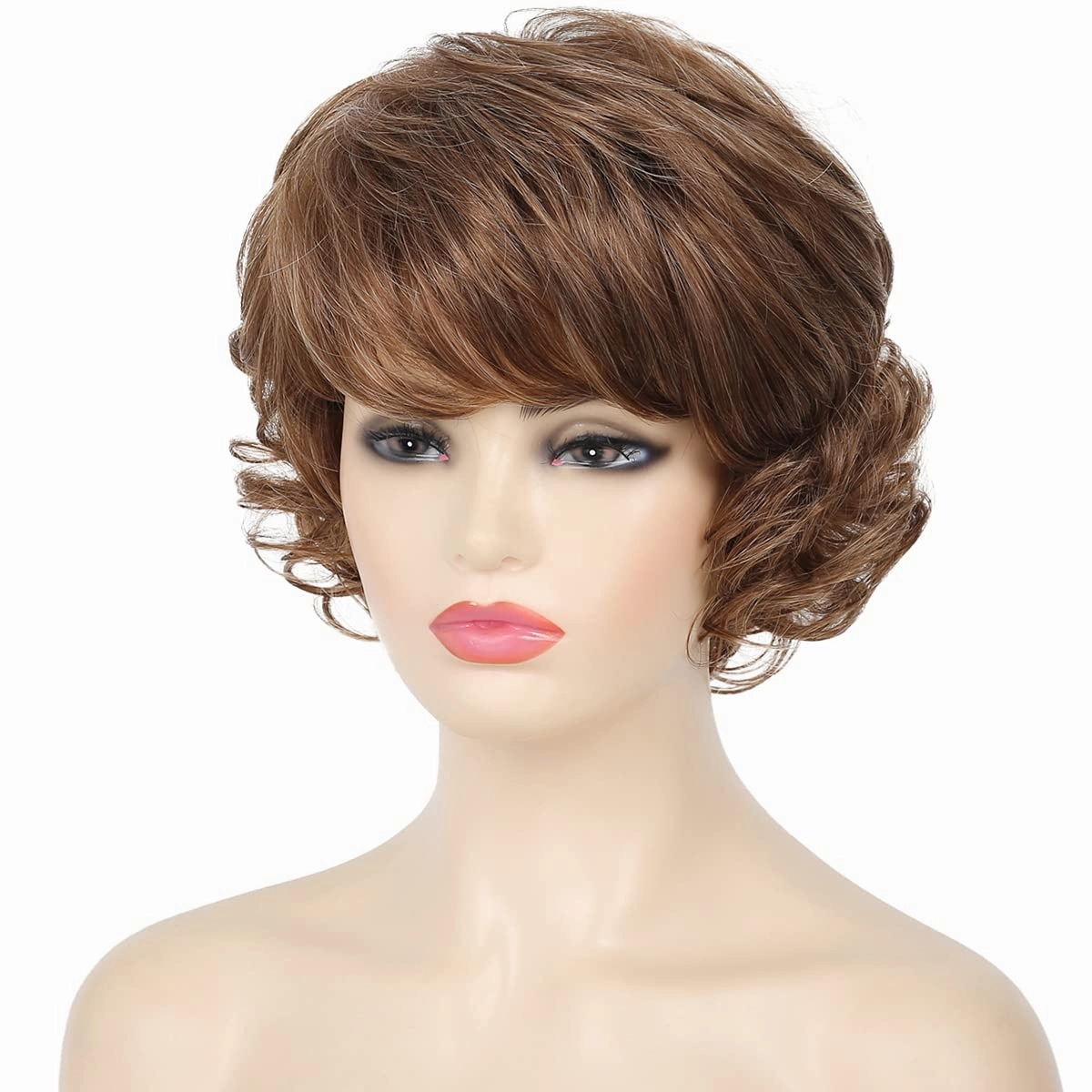 Kaneles Short Brown Curly Hair Wig with Bangs for Women Natural Layered Synthetic Old Ladies Hair Heat Resistant Cosplay Full Wigs（Golden brown）