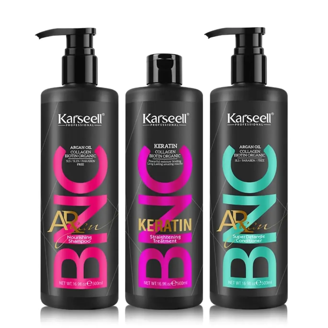 Karseell Keratin Straightening Treatment with Organic Biotin Shampoo, Collagen Detangle Conditioner, Relax and Repair Dry Damaged Hair, BNC Professional Results (50.7 fl oz), Black