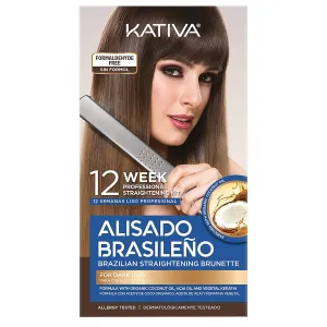 Kativa Brazilian Straightening Brunette Kit, 12 Weeks of Home Use Professional Straightening, with Organic Coconut Oil, Açai Oil, and Keratin, for Straighter, Softer and Shinier Dark-Coloured Hair