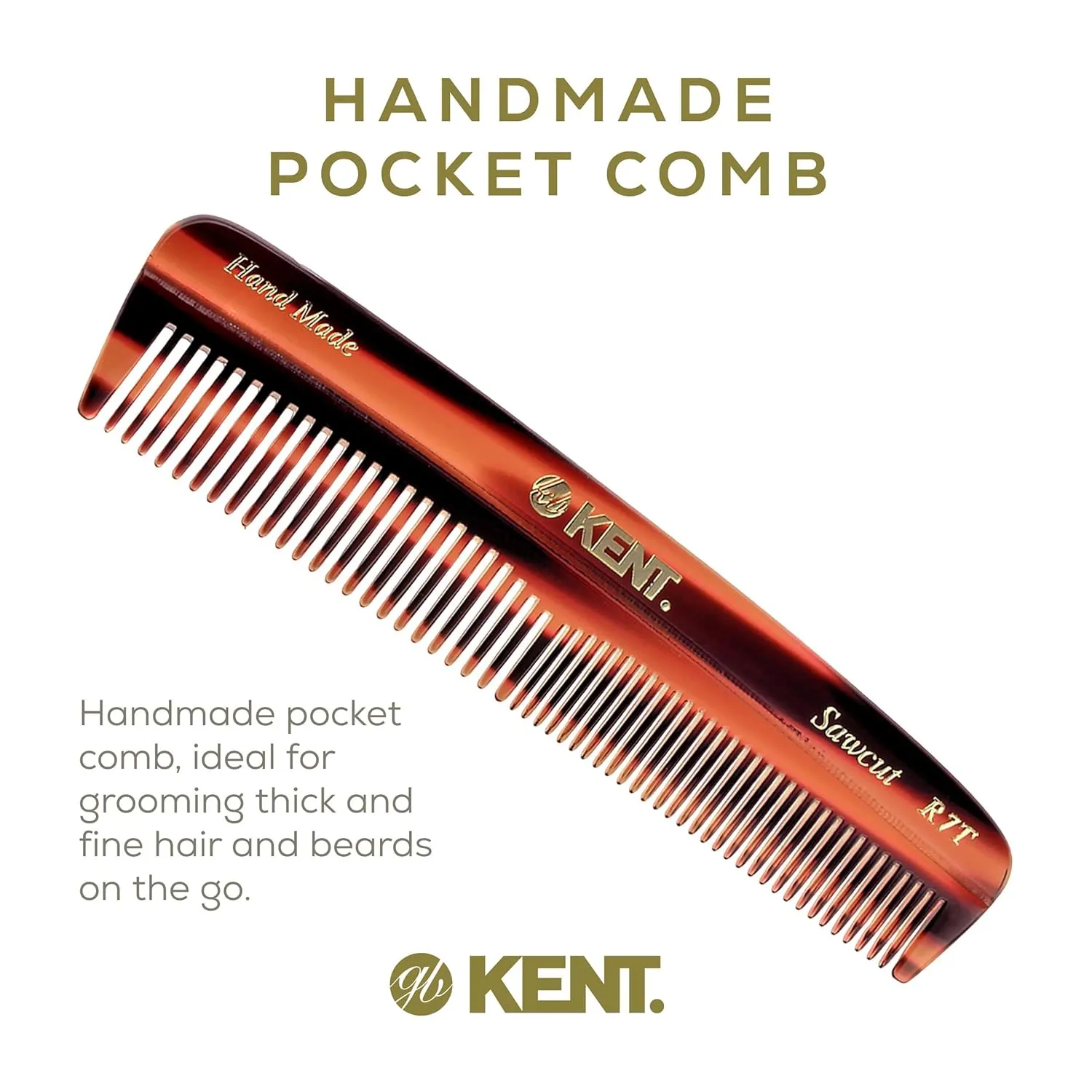 Kent R7T Double Tooth Pocket Comb, Small/Wide Grooming Comb for Hair, Beard, Mustache, and All Ages - Coarse/Fine Saw Cut, Hand Polished. Handmade in England