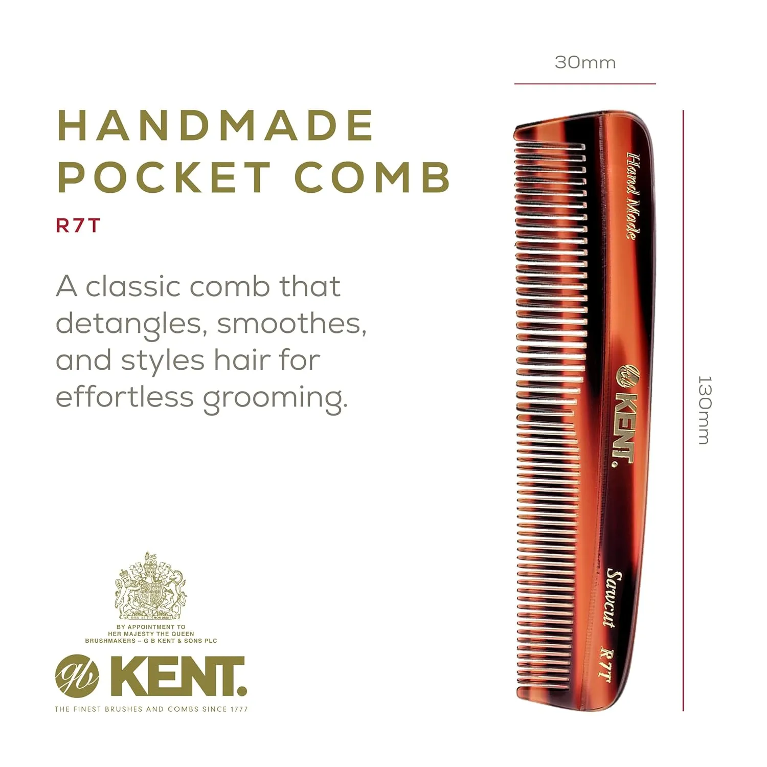 Kent R7T Double Tooth Pocket Comb, Small/Wide Grooming Comb for Hair, Beard, Mustache, and All Ages - Coarse/Fine Saw Cut, Hand Polished. Handmade in England