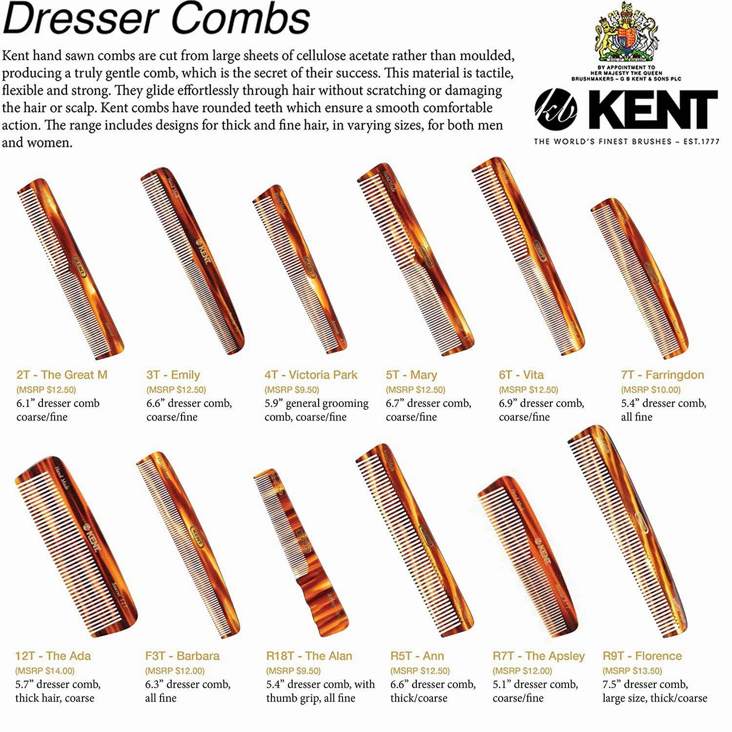 Kent 3T 6.5 Inch Double Tooth Dressing Comb, Fine and Wide Tooth Grooming Comb for Hair, Beard, Mustache, Coarse and Fine Styling for Men, Women, and Kids - Made in England