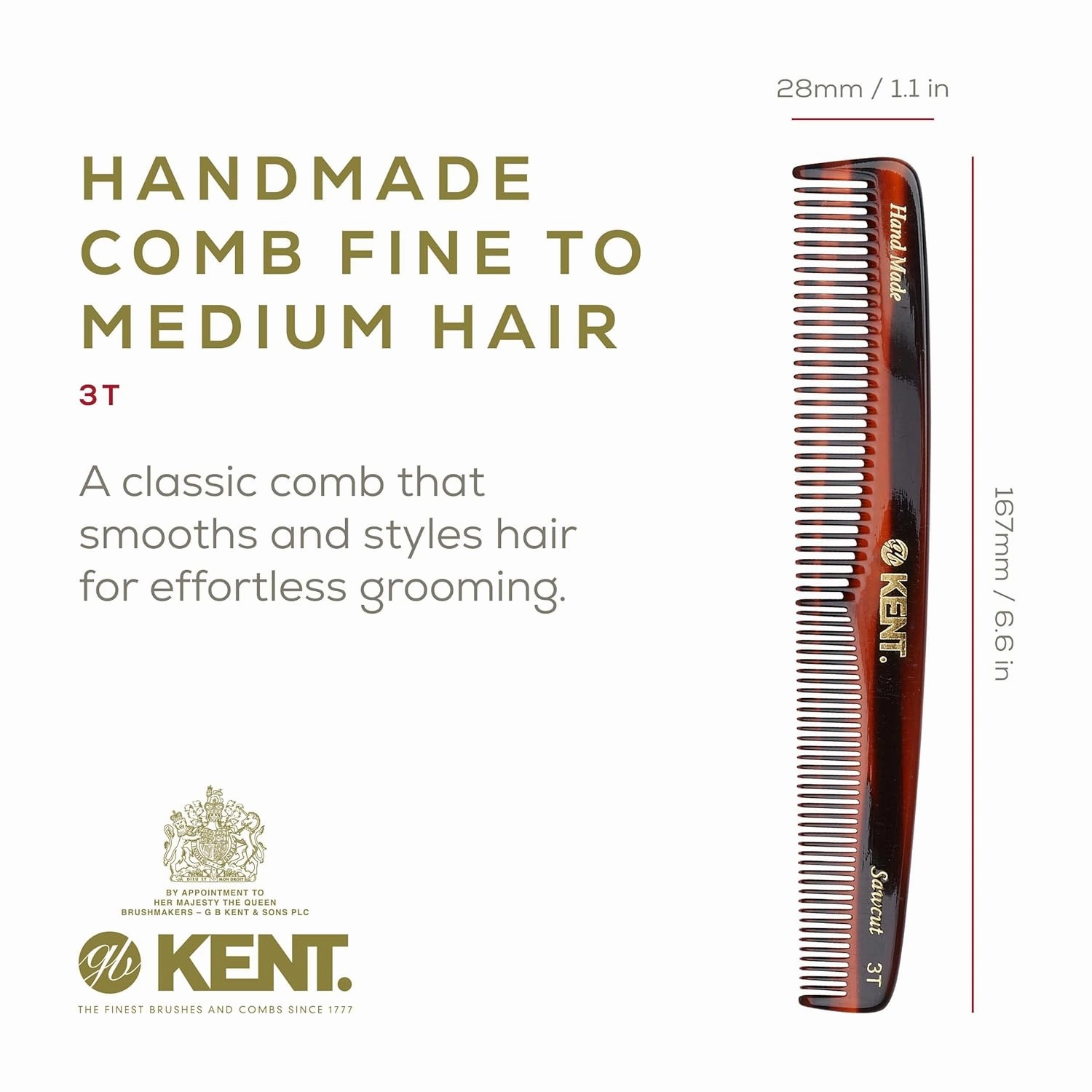 Kent 3T 6.5 Inch Double Tooth Dressing Comb, Fine and Wide Tooth Grooming Comb for Hair, Beard, Mustache, Coarse and Fine Styling for Men, Women, and Kids - Made in England
