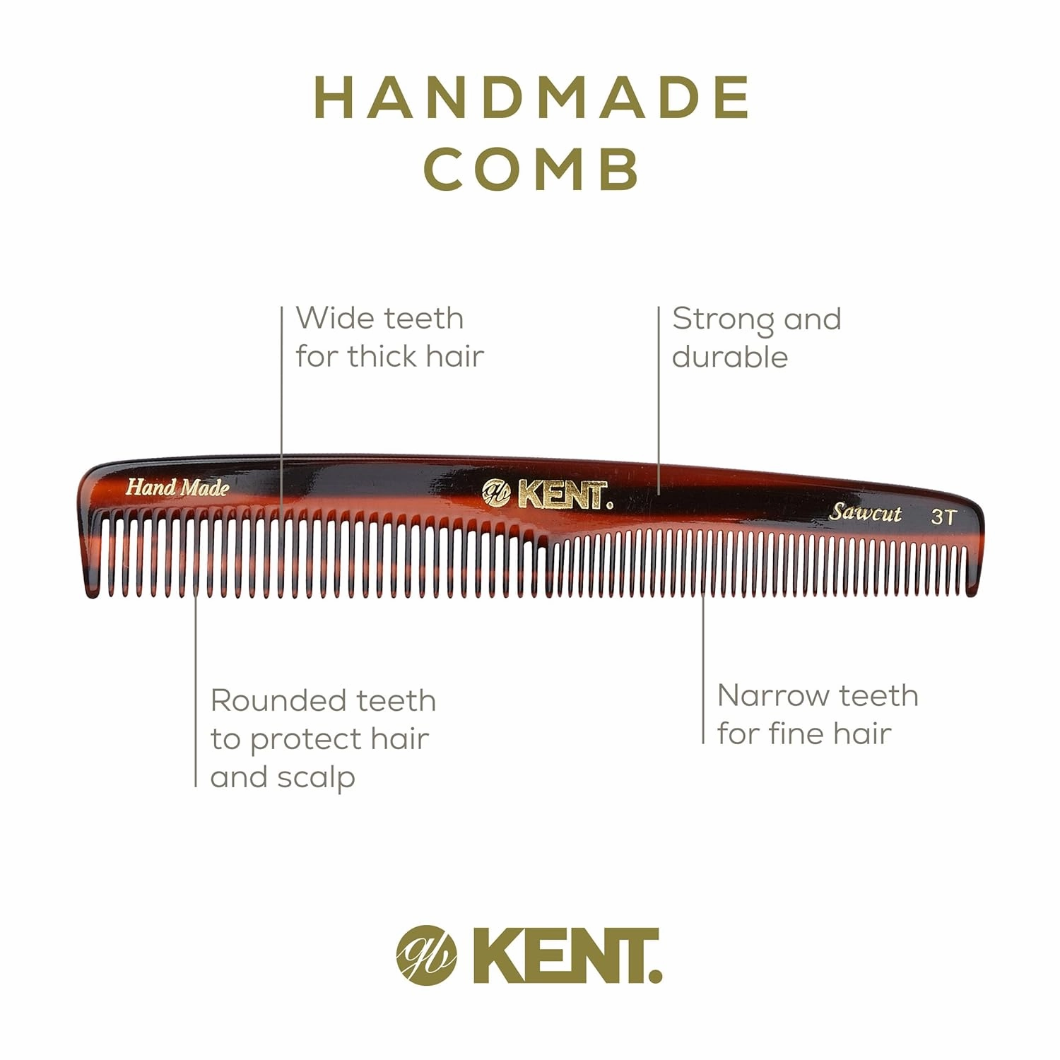 Kent 3T 6.5 Inch Double Tooth Dressing Comb, Fine and Wide Tooth Grooming Comb for Hair, Beard, Mustache, Coarse and Fine Styling for Men, Women, and Kids - Made in England