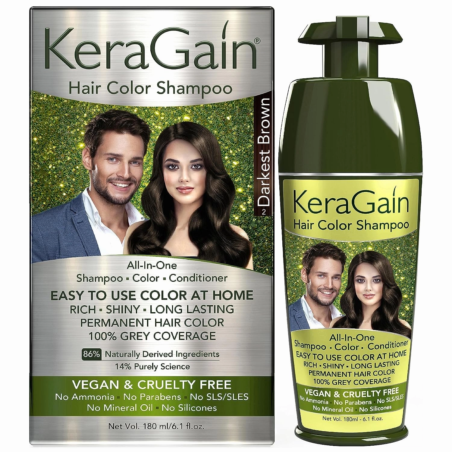 Kera'Gain Hair Colour Shampoo (Darkest Brown,180Ml) - PPD & Ammonia Free Hair Color For Women &Men|Permanent Hair Dye Shampoo with 100% Grey Coverage Up To 8 Weeks|Argan Oil,Onion Oil&Vegan Keratin