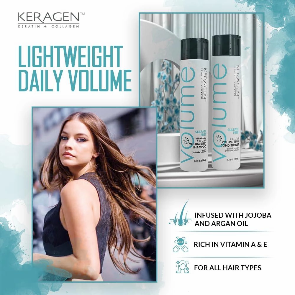 Keragen Volumizing Shampoo and Conditioner for Fine Hair – Sulfate-Free, Keratin & Collagen Infused for Fuller, Thicker Hair – Lightweight, Hydrating, & Strengthening Hair Care Duo – 32oz
