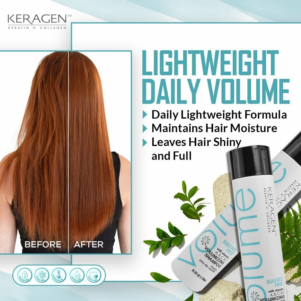 Keragen Volumizing Shampoo and Conditioner for Fine Hair – Sulfate-Free, Keratin & Collagen Infused for Fuller, Thicker Hair – Lightweight, Hydrating, & Strengthening Hair Care Duo – 32oz