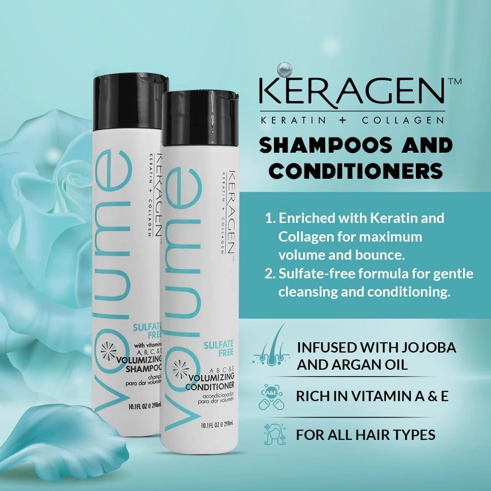 Keragen Volumizing Shampoo and Conditioner for Fine Hair – Sulfate-Free, Keratin & Collagen Infused for Fuller, Thicker Hair – Lightweight, Hydrating, & Strengthening Hair Care Duo – 32oz