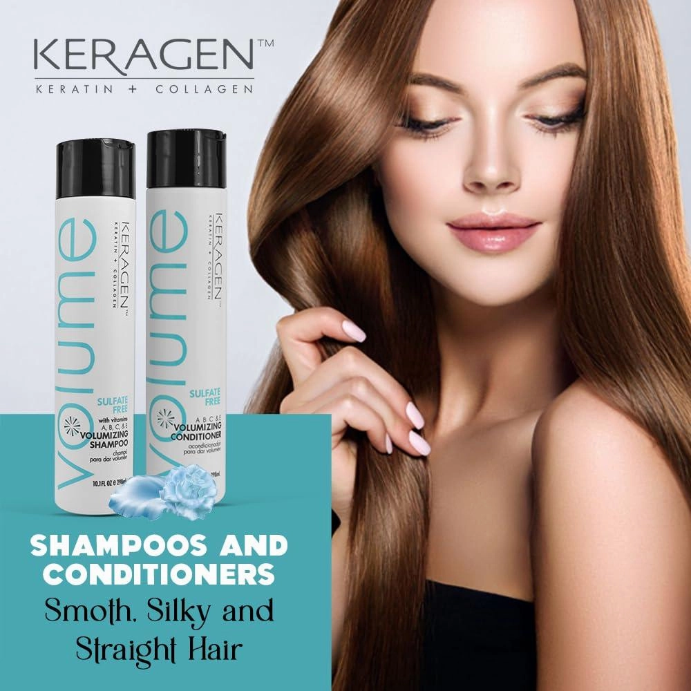 Keragen Volumizing Shampoo and Conditioner for Fine Hair – Sulfate-Free, Keratin & Collagen Infused for Fuller, Thicker Hair – Lightweight, Hydrating, & Strengthening Hair Care Duo – 32oz