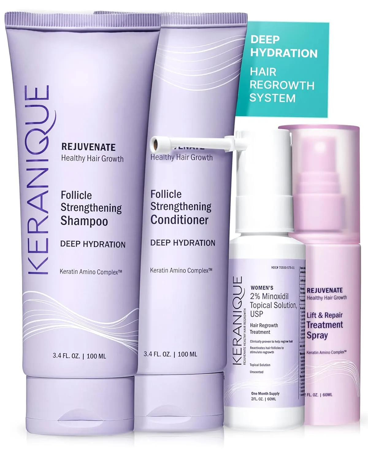 Keranique Hair Growth Treatment for Women - Minoxidil Regrowth System with Hydrating Shampoo, Conditioner, Volumizing Spray, and Hair Loss Treatment