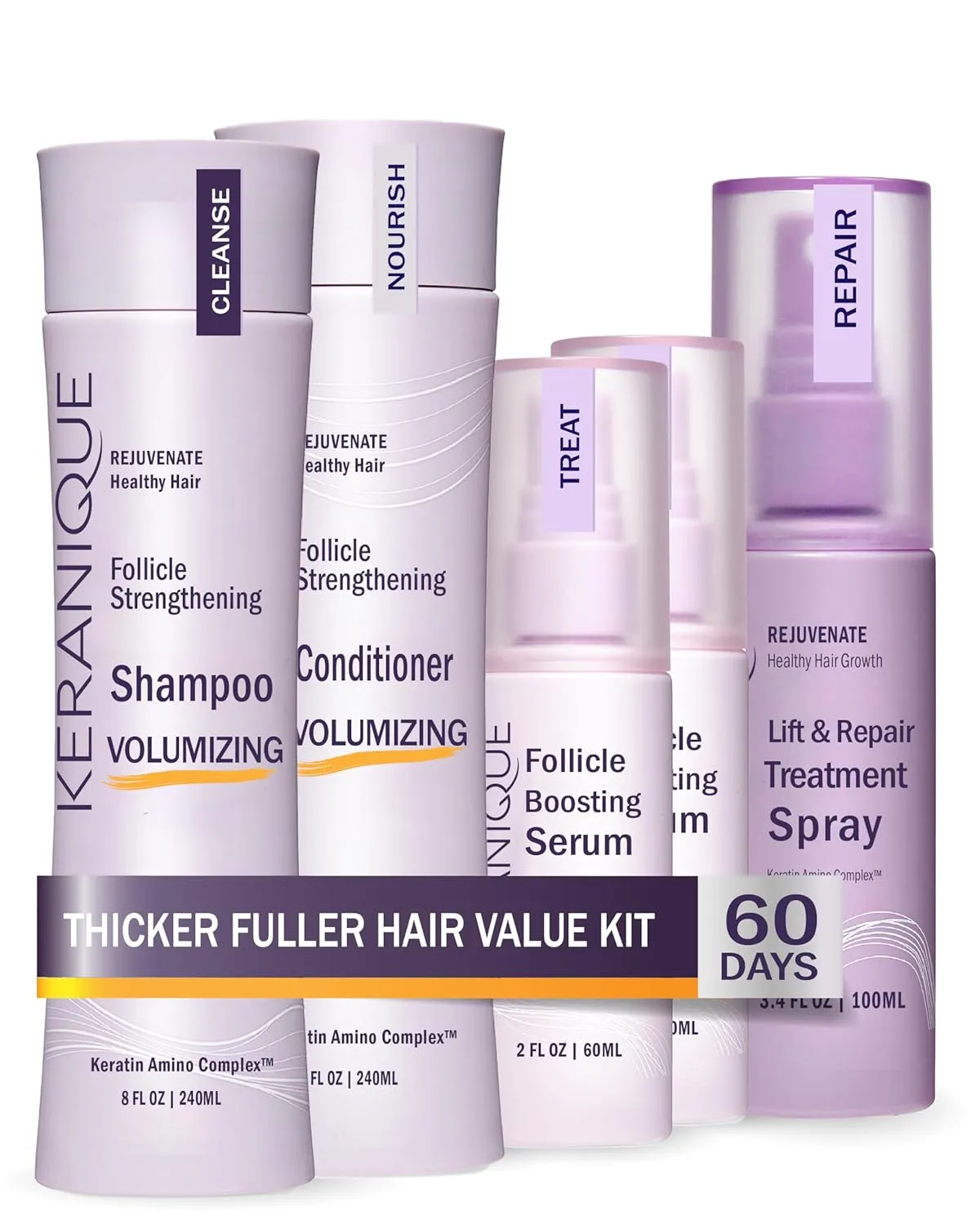 Keranique Volumizing Set for Thinning Hair in Women - Thickening Shampoo, Conditioner, Follicle Booster Serum, Volumizing Spray with Keratin for Fine Texture Boost and Repair