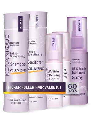 Keranique Volumizing Set for Thinning Hair in Women - Thickening Shampoo, Conditioner, Follicle Booster Serum, Volumizing Spray with Keratin for Fine Texture Boost and Repair