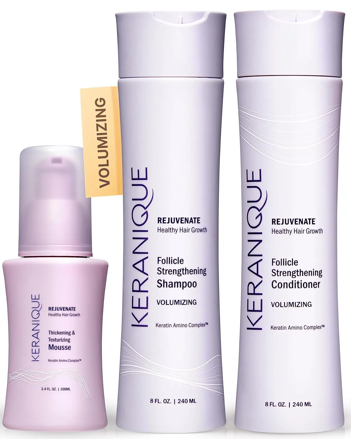 Keranique Volumizing Shampoo and Conditioner Set with Thickening Mousse - Keratin Enriched Volume Kit for Thinning, Fine, Damaged, Dry Hair - Color Safe, Sulfate Free, No Alcohol Formula for Women