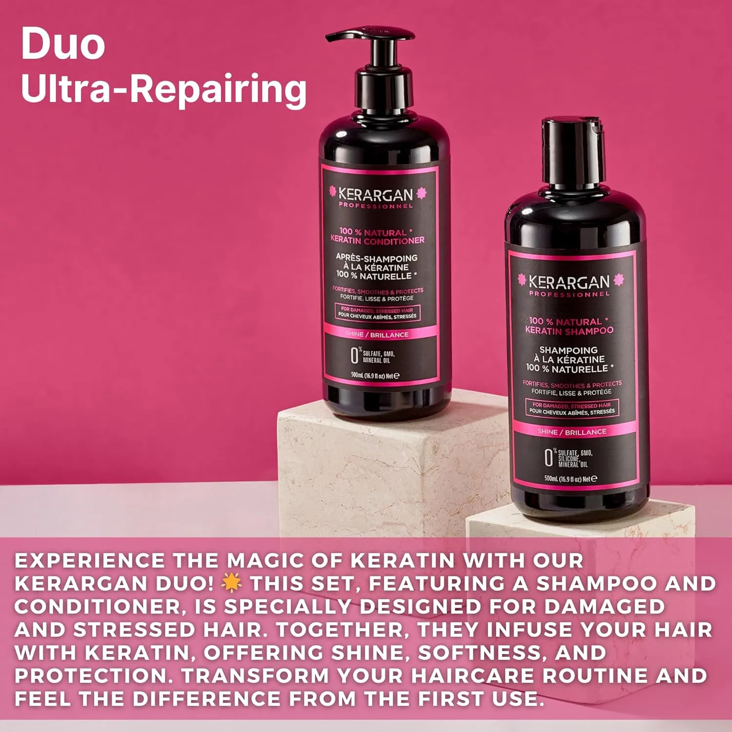 Kerargan - Ultra Repairing Keratin Shampoo & Conditioner Duo for Damaged and Stressed Hair - Strengthens, Smoothens & Protects - Sulfate-Free, Non-GMO, Silicone-Free - 2x16.9 Fl oz