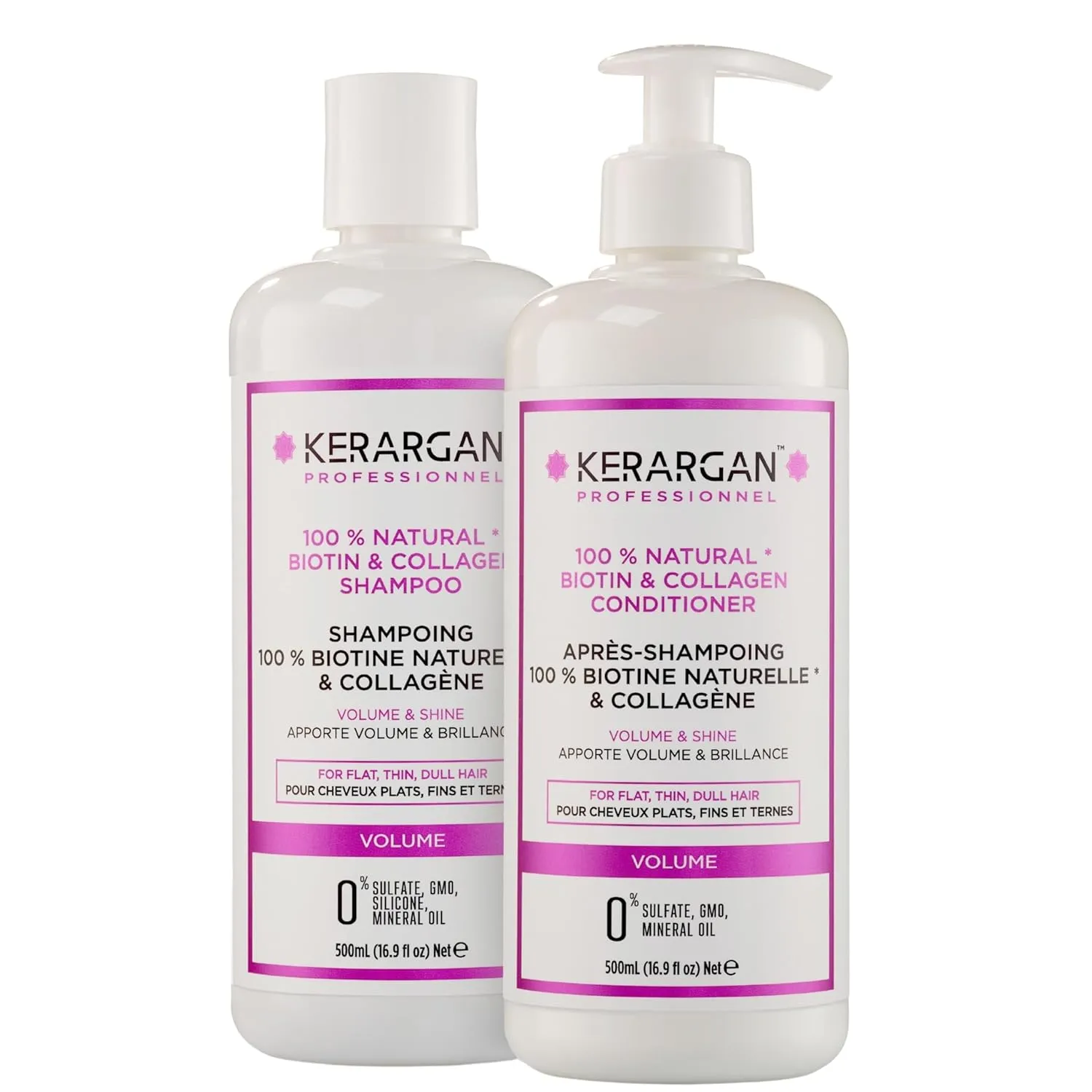 Kerargan - Volumizing Shampoo & Conditioner Duo with Biotin & Collagen - For Thin, Flat, Dull Hair - Boosts Shine & Strength - Sulfate-Free, GMO-Free, Silicone-Free, Mineral Oil-Free - 2x16.9 Fl oz