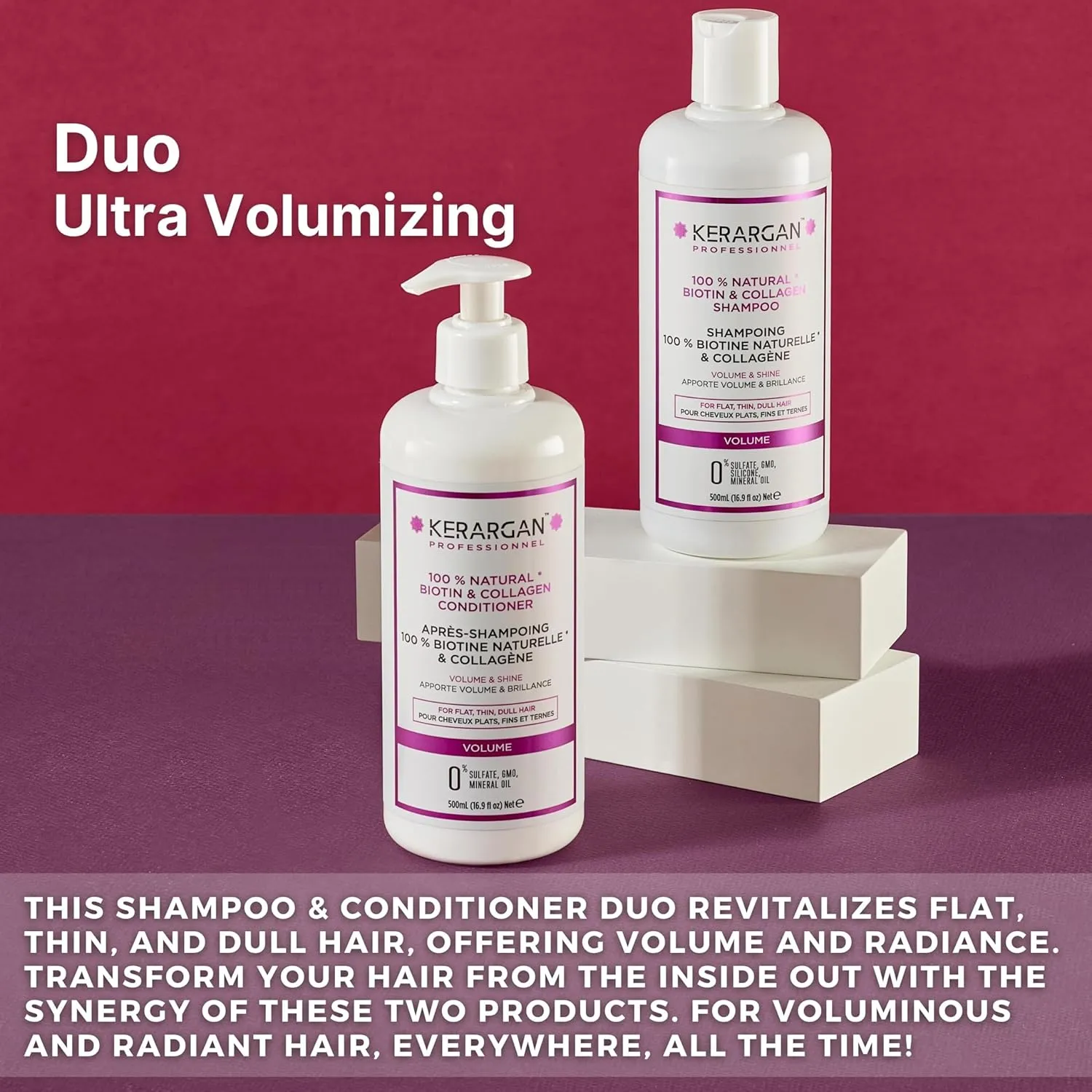 Kerargan - Volumizing Shampoo & Conditioner Duo with Biotin & Collagen - For Thin, Flat, Dull Hair - Boosts Shine & Strength - Sulfate-Free, GMO-Free, Silicone-Free, Mineral Oil-Free - 2x16.9 Fl oz