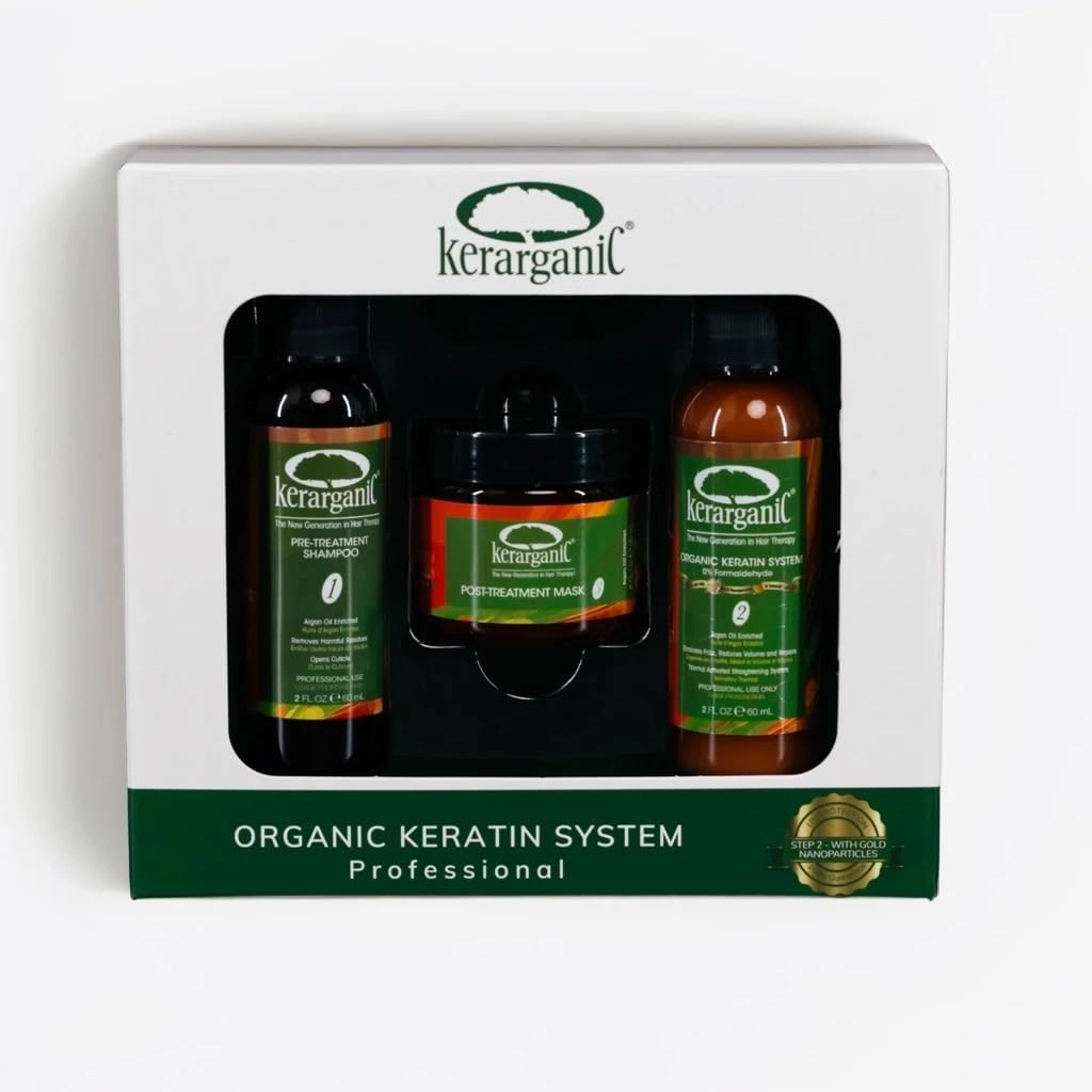 KERARGANIC® KERATIN HAIR TREATMENT SET, 3-STEP FORMALDEHYDE-FREE, WITH ARGAN OIL, 2oz BOTTLES (PRE-TREATMENT SHAMPOO, KERATIN TREATMENT AND MASK) - NOTE: 1 Application Shoulder Lenght Hair.