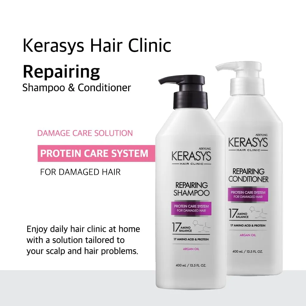 Kerasys Hair Clinic Protein Care System for Damaged Hair Argan Oil REPAIRING 20.2 fl oz / 600 ml (Shampoo   Conditioner Set)