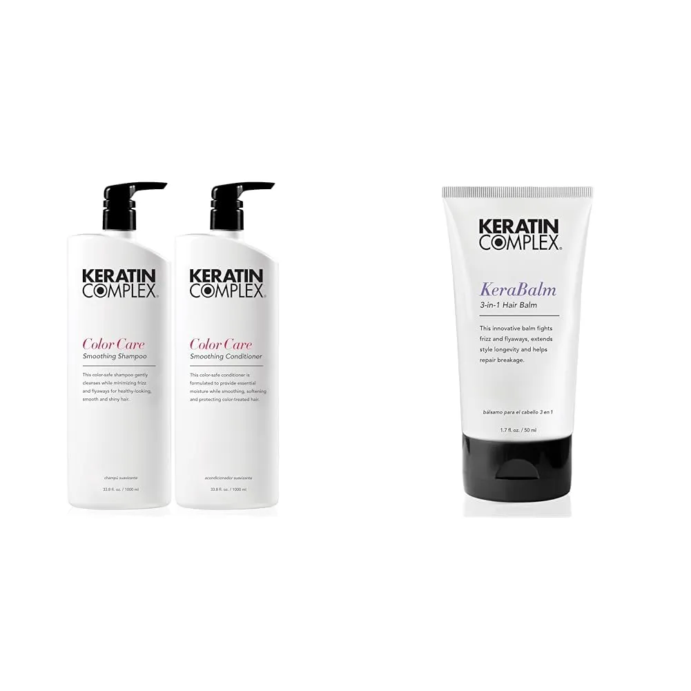 Keratin Complex - Color Care Smoothing Shampoo & Conditioner Duo - 33.8 fl oz Each & Kerabalm 3-in-1 Hair Balm, 1.7 fl oz