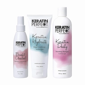 Keratin Perfect Smoothing Shampoo, Hydrate Conditioner, and Hairspray Set - Clarifying, Anti-Frizz Hair Cleanser - Restores Moisture, Elasticity, and Shine - Intensifies Color Vibrancy - 3 pc