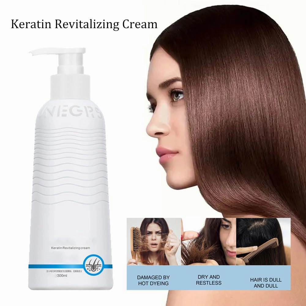 Keratin Revitalizing Cream, 300ml Keratin Hair Treatment Straightening, Keratin Hair Mask for Dry Damaged Hair, Frizzy Hair, Hair Smoothing Leave-In Conditioner (1PCS, 300ml/pcs)