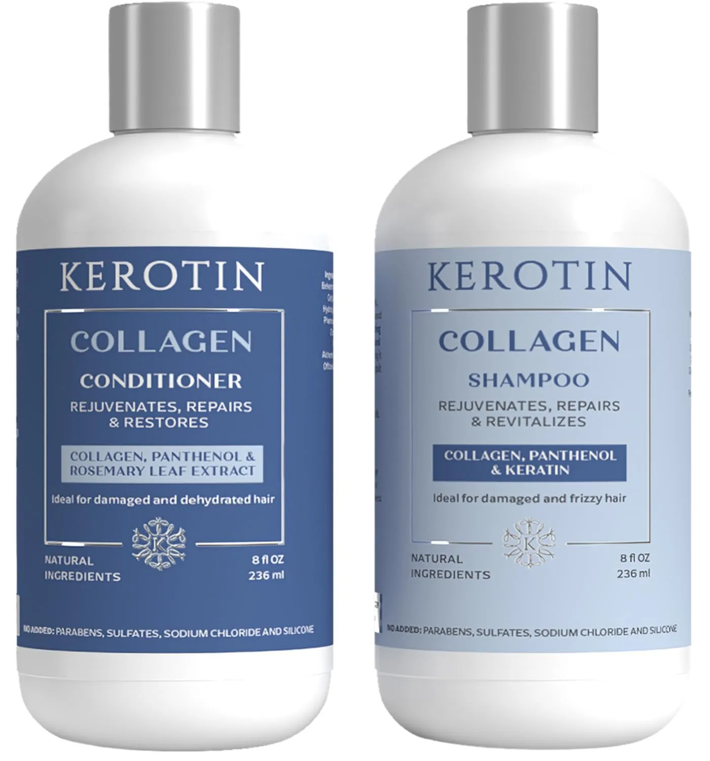 Kerotin Collagen Shampoo and Conditioner - Collagen Hair Treatment Set with Keratin, Rosemary, and Coconut Oil. Repair Damaged Hair, Prevent Breakage and Eliminate Frizz. Made in the USA