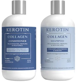 Kerotin Collagen Shampoo and Conditioner - Collagen Hair Treatment Set with Keratin, Rosemary, and Coconut Oil. Repair Damaged Hair, Prevent Breakage and Eliminate Frizz. Made in the USA