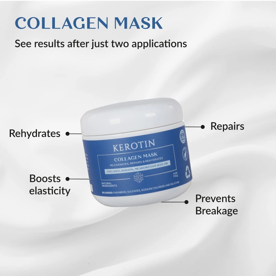 Kerotin Collagen Hair Mask - Hair Treatment Conditioner with Keratin, Collagen, and Vitamin E, Repair Damaged Hair, Prevent Breakage, and Control Frizz. Made in the USA (16 fl oz, 2 units)